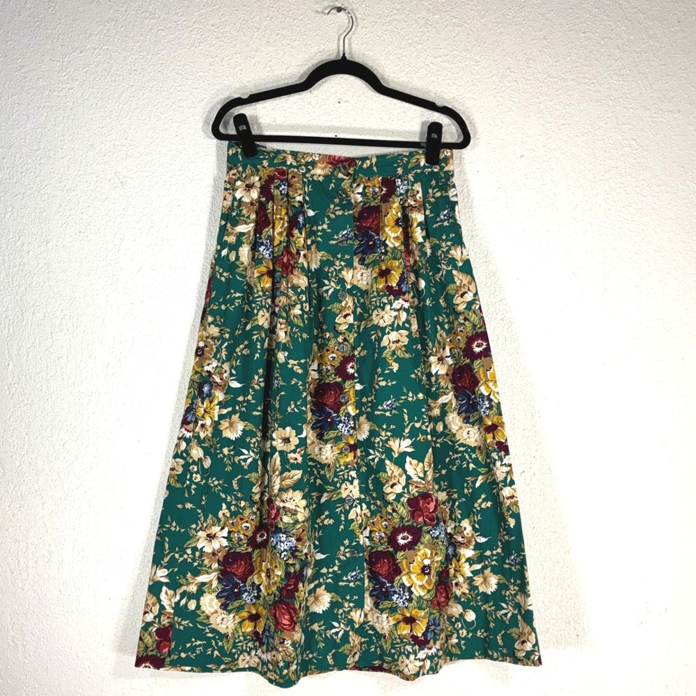Susan Bristol Teal Floral Cotton Midi Skirt - 12 - Pleated Button Front Vintage